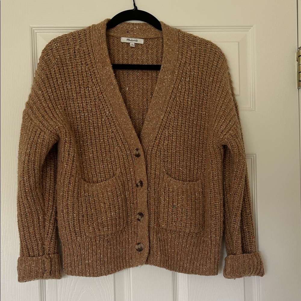 Madewell button up cardigan, Tan with multicolor detail.